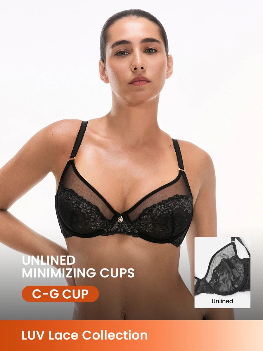 LUVLETTE Soft Woman Lingerie Lounge Curve Sheer Full Coverage Underwire Sexy Unlined Minimizer Sequined Glam Floral Lace Elegance & Mesh Intimates Black Bra - Black - View 1