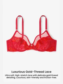 LUVLETTE Soft Woman Lingerie Sheer Full Coverage Underwire Sexy Unlined Minimizer Sequined Glam Floral  Lace Elegance & Mesh  Intimates Christmas Red Bra - Red - View 8