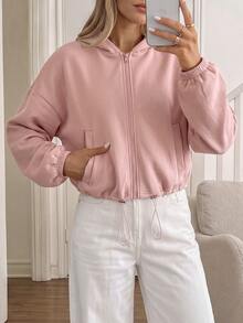 Easowa Women's Solid Color Drop Shoulder Long Sleeve Zip-Up Casual Sweatshirt - Pink - View 4
