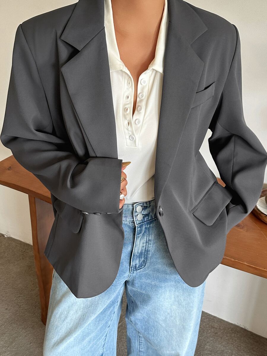 Dazy Plus Solid Color Casual Fun Commute Loose Pocket Blazer Jacket Spring Autumn New Style - Grey - View 1