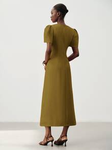Aveloria Modichic Solid Puff Sleeve Longline Dress Office Tea Party Olive Green Summer Elegant Minimalist - Green - View 2