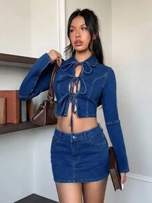 Rivivi Women's Collared Long Sleeve Tie-Front Cropped Denim Top - Blue - View 3