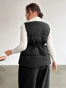 Firerie Plus Size Women Contrast Color Casual Daily Wear Winter Cotton Padded Vest - Black - View 3