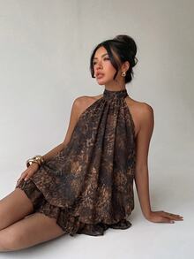 Aloruh Women's Elegant Pale Yellow Halter Neck Tie Mini Dress - Brown - View 4