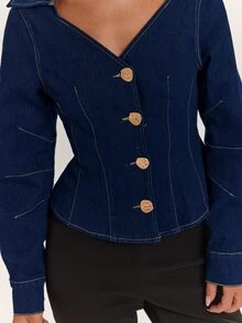 SHEIN BAE Women's Sexy V-Neck Metal Buckle Denim Jacket - Blue - View 7