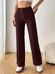 SHEIN EZwear 女款純色直筒西裝長褲 秋冬款 - 酒紅色 - 查看 3