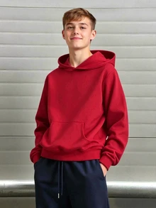 SHEIN 青少年男孩休閒寬鬆舒適百搭純色連帽衫，秋冬服飾 - 紅色 - 查看 9