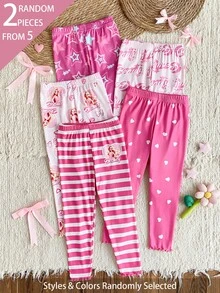 SHEIN 5pcs Randomly Sent 2pcs Spring Summer All Season Girls Polka Dot Heart Leopard Print Sweet Cute Versatile Soft Comfortable Ribbed Ribbed Knit Leggings Multi-Piece Set - Multicolor - View 1