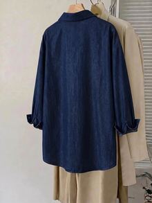 SHEIN CURVE+ Plus-Size Casual Denim Printed Shirt For Commuting Summer Outfits, Holiday Outfits, Beach Outfits, Fall - Blue - View 2