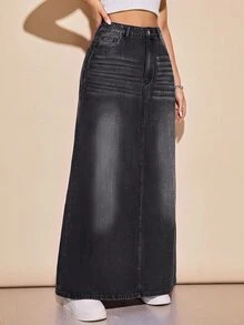 Rivivi 大尺碼女款鈕扣半開襟雙口袋時尚百搭牛仔裙 - 黑色 - 查看 4