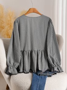 CosyJoli Plus Size V-Neck Lace Long Sleeve Ruffle Blouse For Women Fall - Black and White - View 2