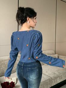 Feyla New French Vintage Floral Embroidered Design Corduroy Petal Sleeve Short Blouse Top - Dusty Blue - View 3