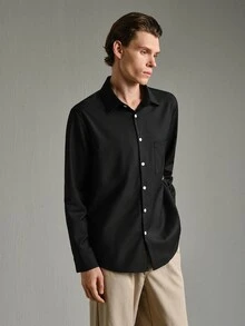 Calmiston 男士素色休閒百搭日常長袖襯衫 - 黑色 - 查看 5
