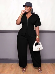 Slaydiva Plus Size 2 Pieces Outfits, Grey Zip Waist Crop Top & Harem Pants Matching Set - Black - View 7