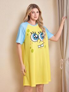 SpongeBob SquarePants | SHEIN 女款卡通圖案休閒日常居家短袖睡裙 - 黃色 - 查看 4