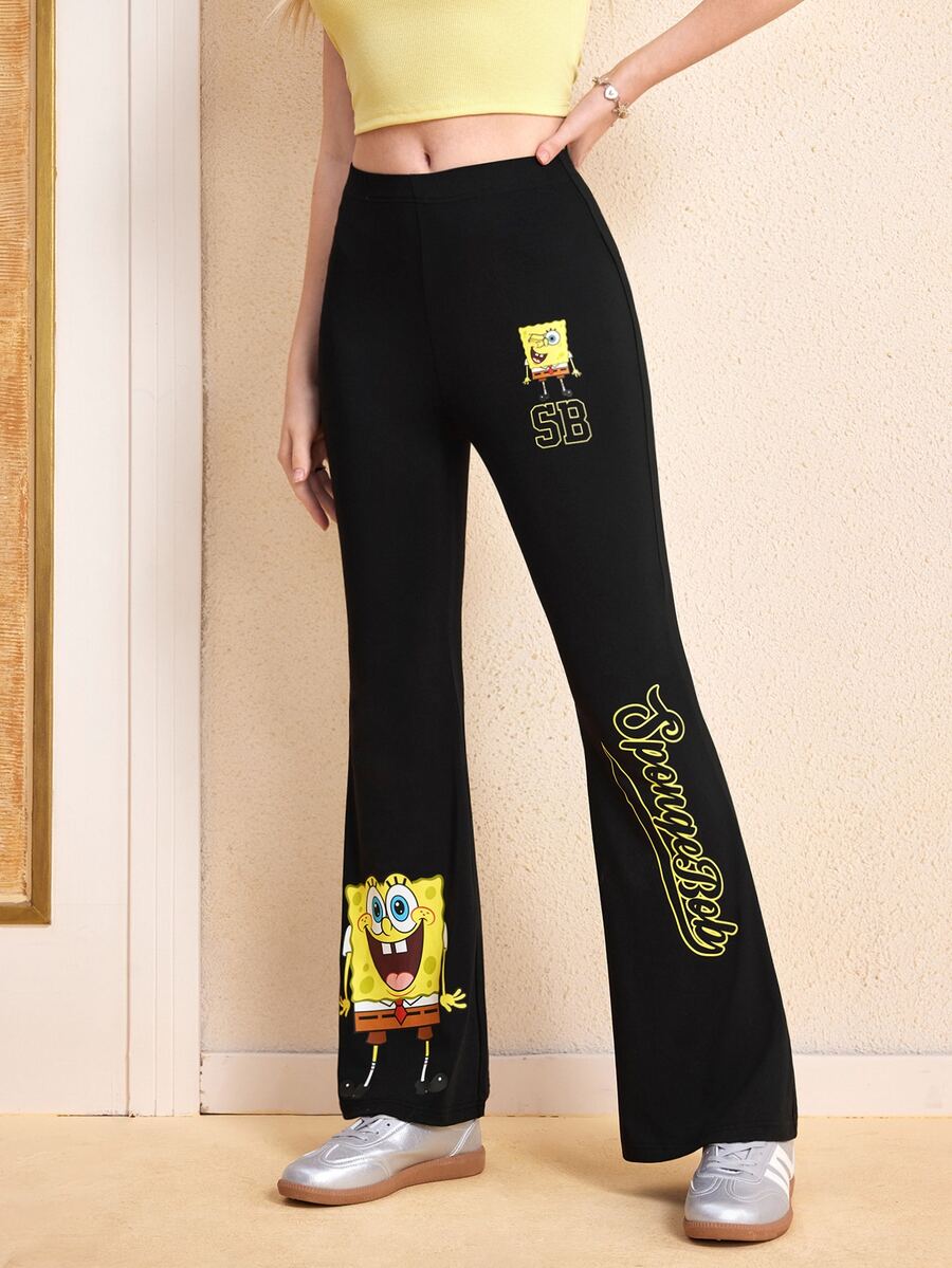 SpongeBob SquarePants | SHEIN Women's Cartoon Print Flared Leggings - Black - View 1