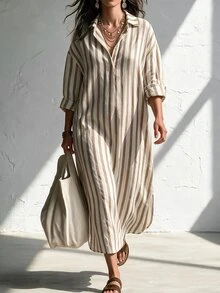 Linhara CURVE Autumn/Winter New Blue White Stripe Fashion Boho Casual Vacation Women's Long Dress Plus Size Fall - Khaki - View 3