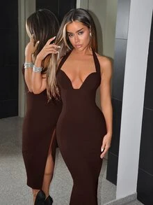 SHEIN ICON فستان طويل بقصة ضيقة وفتحة رقبة على شكل حرف U مع حمالة رقبة للنساء - بني - مشاهدة 3