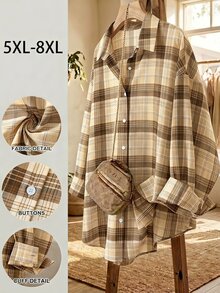 SHEIN CURVE+ 大尺碼長袖休閒條紋襯衫，秋季女裝 - 棕色 - 查看 1