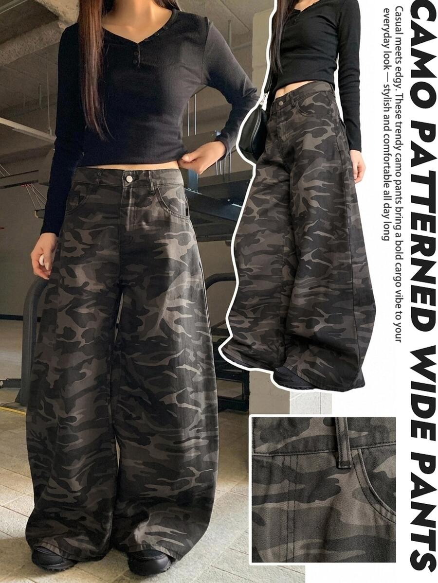 DAZY Women's Camouflage Casual Everyday Jeans With Pockets And Buttons - Army Green - View 1