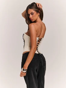 SHEIN BAE Atasan Tube Tanpa Tali Seksi Wanita Musim Gugur & Musim Dingin dengan Trim Webbing Warna Kontras yang Elegan - Hitam dan Putih - View 2