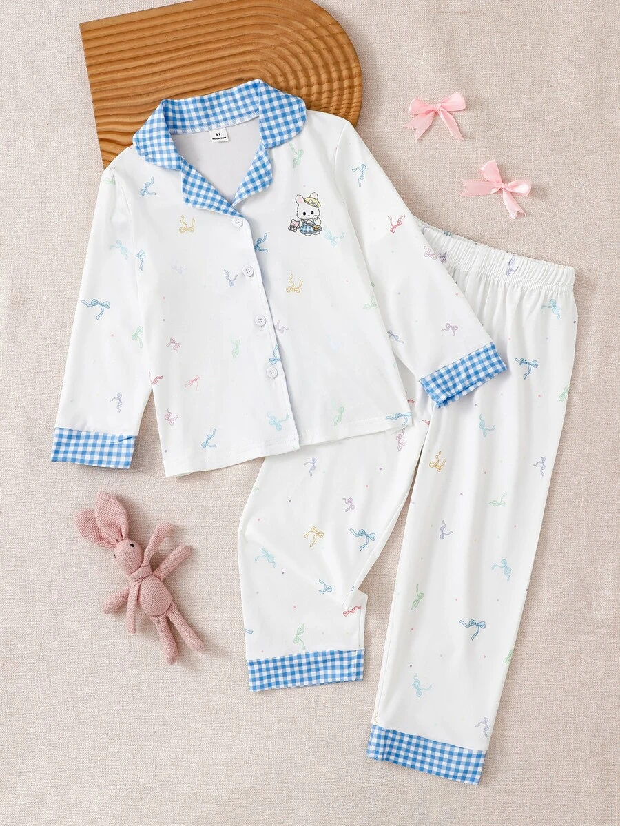 Conjunto de pijama para niñas con estampado de cuadros y gráfico de dibujos animados - Celeste - Ver 1