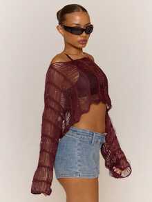 MUSERA Sheer Textured Knitted Long Sleeve Crop Top Beachwear Cute Festival Spring - Burgundy - View 3