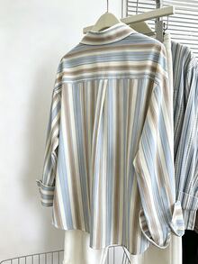 Women's Striped Pattern Long Sleeve Button Front Drop Shoulder Blouse - Multicolor - View 2