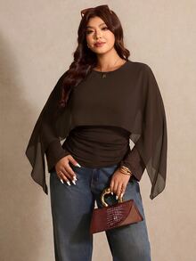 Elaquor Plus Size Round Neck Transparent Bell Sleeve Women's Top Fall/Winter Casual Elegant Office Business Work Top For Women Going Out Casual Top Women Fall - Coffee Brown - View 1