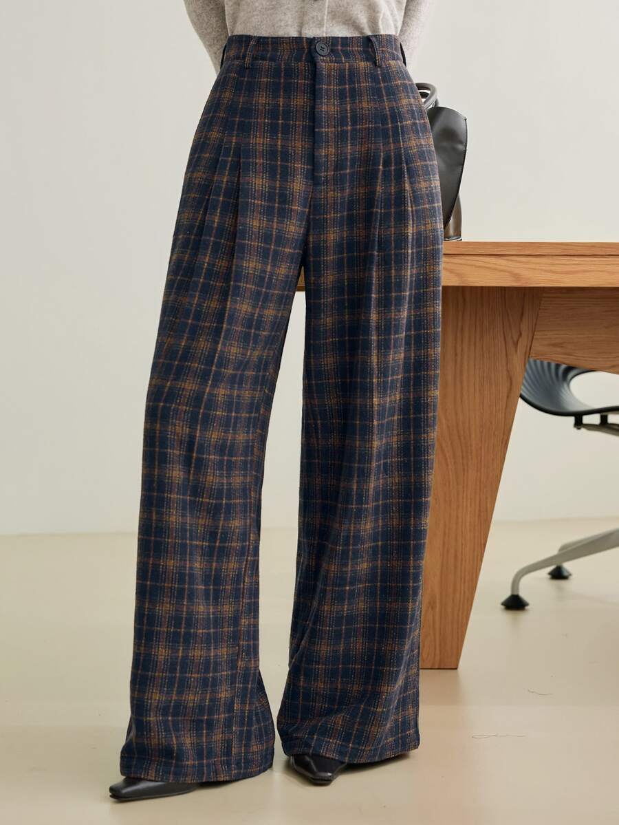 Dazy-Less Autumn/Winter Navy Blue High-Waist Pleated Solid Color Loose Straight Leg Casual Vintage 2000s Versatile Wide Leg Women's Long Pants Plaid Office Work - Navy Blue - View 1