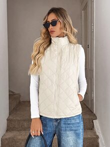 Easowa Zip Up Teddy Lined Vest Quilted Coat In Fall/Winter - Apricot - View 3