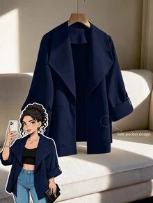 GlowEve CURVE 女款大尺碼秋冬無內裡純色海軍藍蜂巢紋理面料開襟外套，附口袋，時尚休閒風，適合通勤、日常穿著及其他場合 - 藏蓝色 - 查看 8