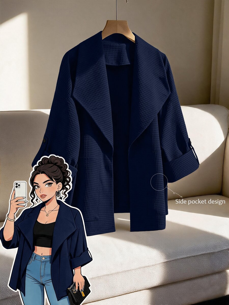 GlowEve CURVE Women's Plus Size Autumn/Winter Unlined Solid Navy Blue Honeycomb Textured Fabric Cardigan Jacket With Pockets, Fashion Casual Style Suitable For Commuting, Daily Wear And Other Occasions - Navy Blue - View 1