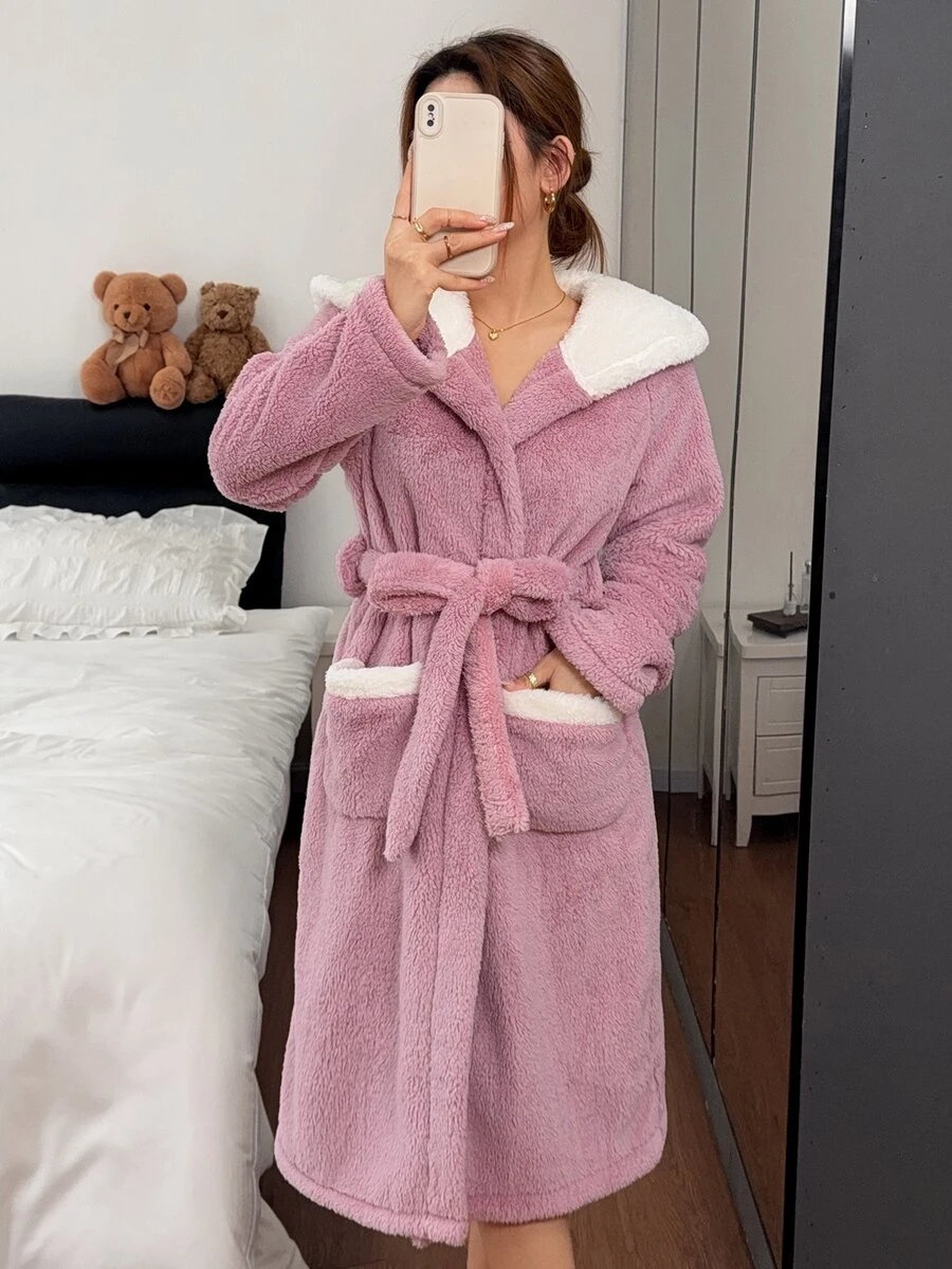 Napfluff Damers lång mjuk plysch avslappnad minimalistisk mode bekväm huva långärmad morgonrock med fickor, lämplig för utomhusbruk - Mauve Lila - Visa 1
