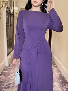 Feyla New Design Waist Pleated Ruched Slimming Elegant Elegant Daily Commute Party Dress - Purple - View 4