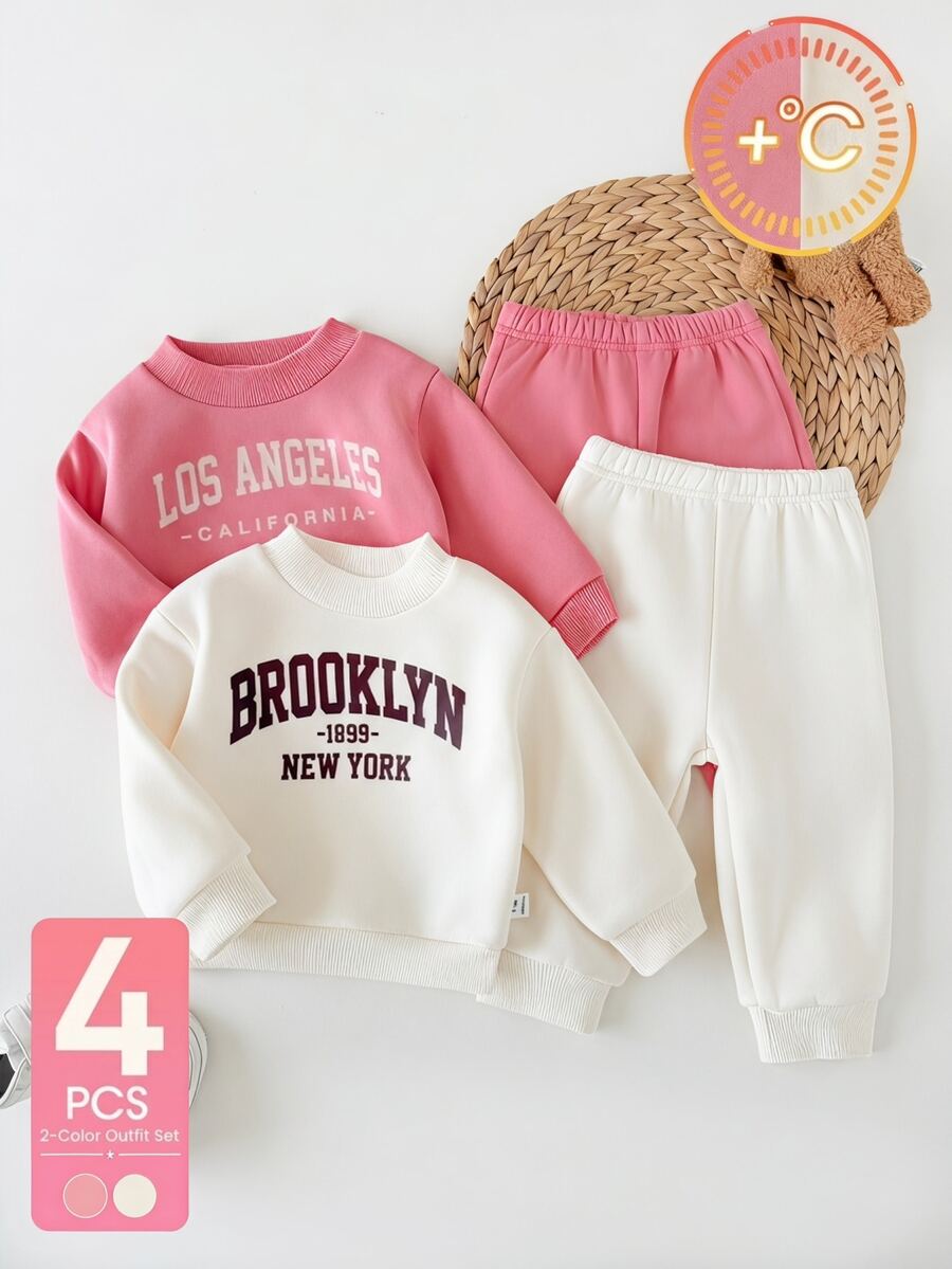 Souflis Souflis Baby Girl Minimalist Letter Pattern Knit Soft Mid-High Neck Long Sleeve Pullover Casual Sweatshirt Elastic Waist Sweatpants 2-Piece Set - Multicolor - View 1
