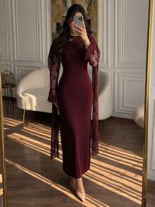 Modelyn 女款優雅復古拼接精緻蕾絲修身長袖洋裝，帶有懷舊氛圍 - 酒紅色 - 查看 6