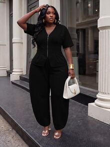 Slaydiva Plus Size 2 Pieces Outfits, Grey Zip Waist Crop Top & Harem Pants Matching Set - Black - View 11