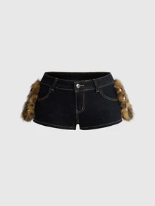 ROMWE Grunge Punk Women's Casual Daily Denim Shorts With Pocket, Button And Plush Patchwork Design - Black - View 1