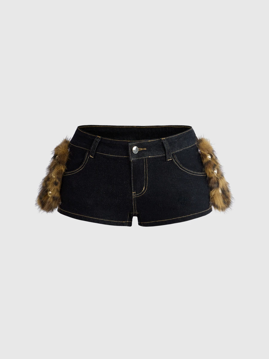 ROMWE Grunge Punk Women's Casual Daily Denim Shorts With Pocket, Button And Plush Patchwork Design - Black - View 1
