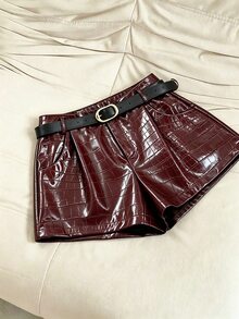 INAWLY Women's Solid Color PU Leather Casual Versatile Daily Wear Shorts - Burgundy - View 1