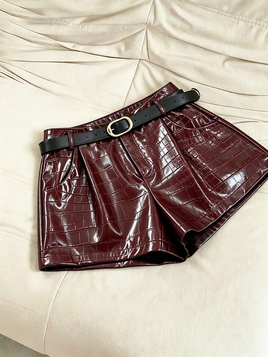 INAWLY Women's Solid Color PU Leather Casual Versatile Daily Wear Shorts - Burgundy - View 1