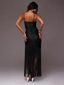 MUSERA Bandage Spaghetti Strap Layered Fringe Maxi Dress Spring Summer Holiday Vacation Going Out Ibiza Festival Y2K Luxury Vivid - Black - View 4