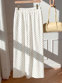 SHEIN EZwear 女款休閒舒適白色底黑波點秋冬長褲 - 白色 - 查看 2