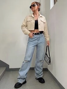SHEIN EZwear Spring Outfits Drop Shoulder Flap Detail Crop Corduroy Jacket In Fall/Winter - Apricot - View 6