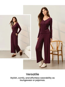 LUVLETTE Cloud Soft Set Pakaian Santai Wanita Musim Gugur Kerah V Kancing Cokelat-Merah Atasan Pullover Lengan Panjang dan Celana Panjang, Bahan Tekstur Rib, Set Lounge Grafis untuk Wanita - Burgundy - View 9