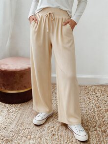 Holdful Holdful Women's Shirred Waist Ribbed Casual Long Pants For Home Wear - Apricot - View 5
