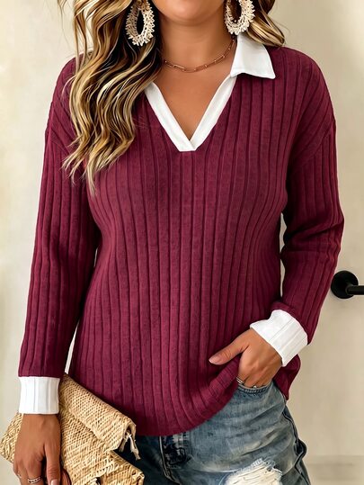 Glimmora Camiseta básica blanca informal de estilo vintage a la moda con cuello y puños burdeos en contraste. Tallas grandes.