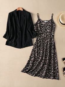 Rusticease Women's Leopard Print Cami Dress & Solid Color Blazer Fashion 2 Pieces Set - Black - View 3