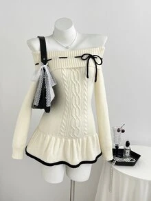 Elamini Women's Autumn/Winter Sexy Sweet Party Dress Off-Shoulder Sweater Dress For Photo Shoots - Apricot - View 5